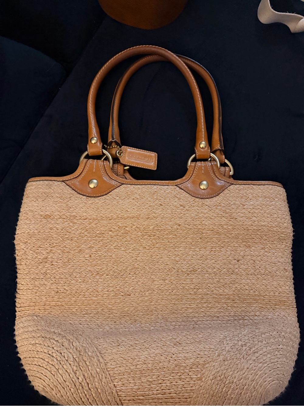 Coach Straw Tote in Tan with Brown Leather Trim and Floral Appliqué - Picture 2 of 4